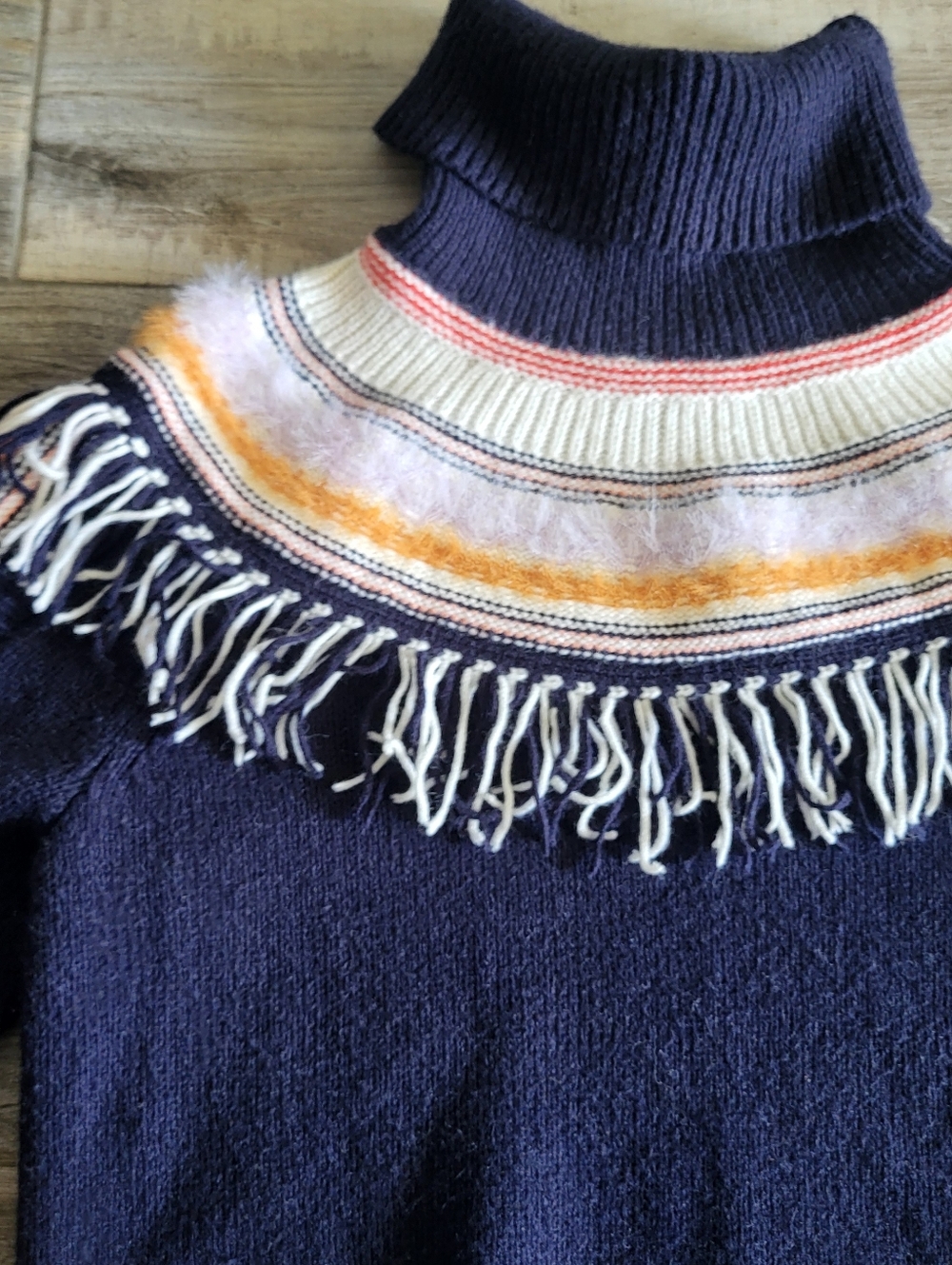 Anthropologie Margherita Nordic Sweater Fringed Turtleneck Navy Mustard Size S - Picture 6 of 10